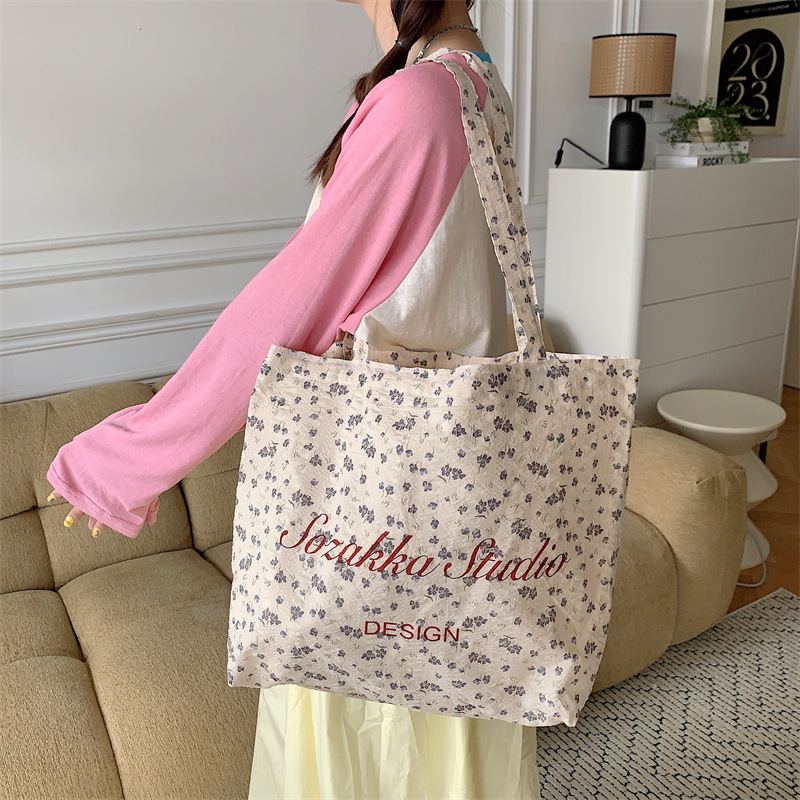 36272 Summer Floral Tote Bag, large-capacity casual single-shoulder canvas bag, new style of women's letter print bag full figure