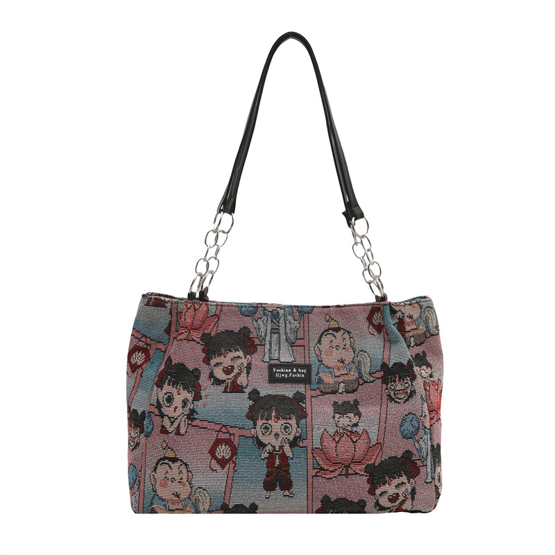 New national trend embroidered canvas bag, ins large-capacity hand-held mommy tote bag, cute Korean single-shoulder student class bag Item Picture