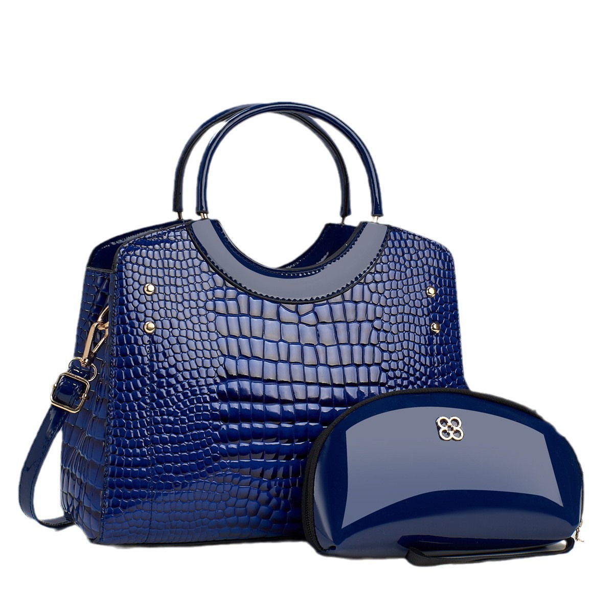 Shiny leather commuter women's bag two-piece set 2024 new style fashionable crocodile pattern mother-and-child bag crossbody bag single-shoulder bag handbag Item Picture