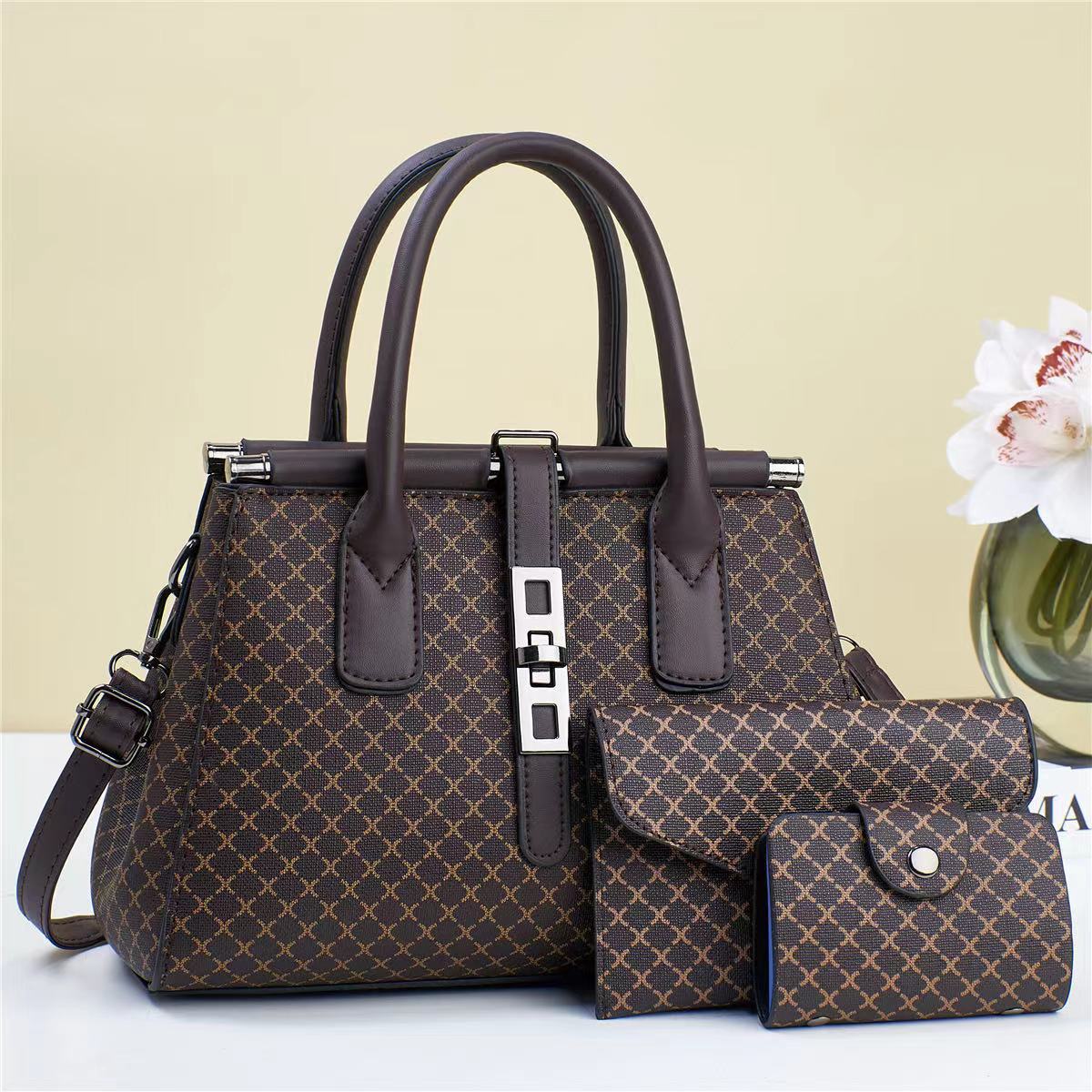 2024 New Cordyceps pattern soft leather three-piece set, high-quality, large-capacity cross-border single-shoulder hand-carry women's bag, large bag Item Picture