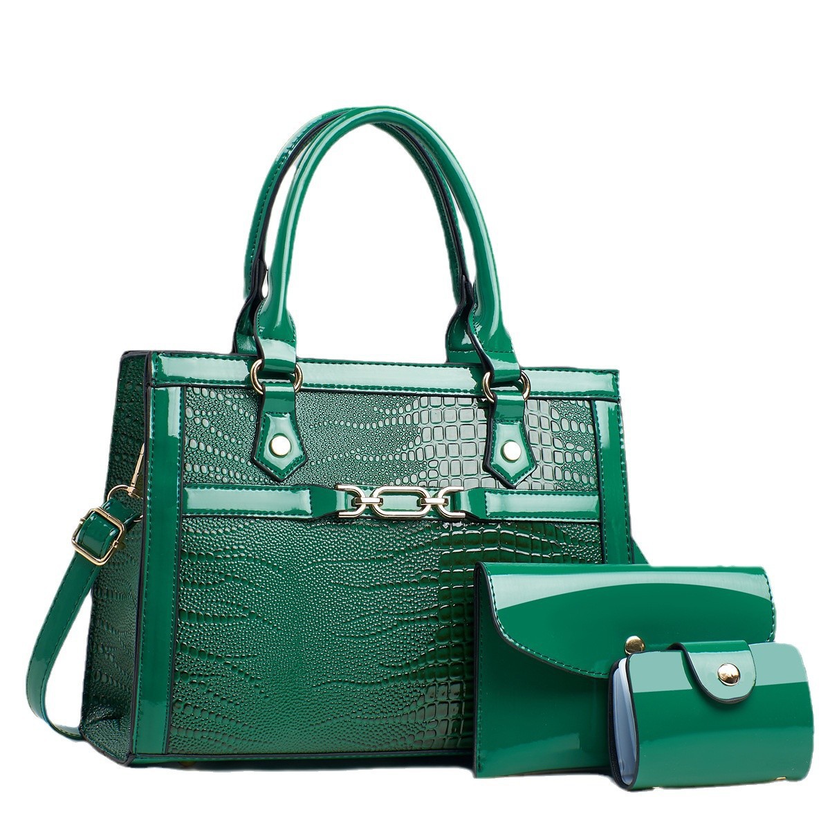 A new three-piece set of lizard-patterned shiny leather bag for women, a large-capacity single-shoulder crossbody bag for autumn and winter commuting Item Picture