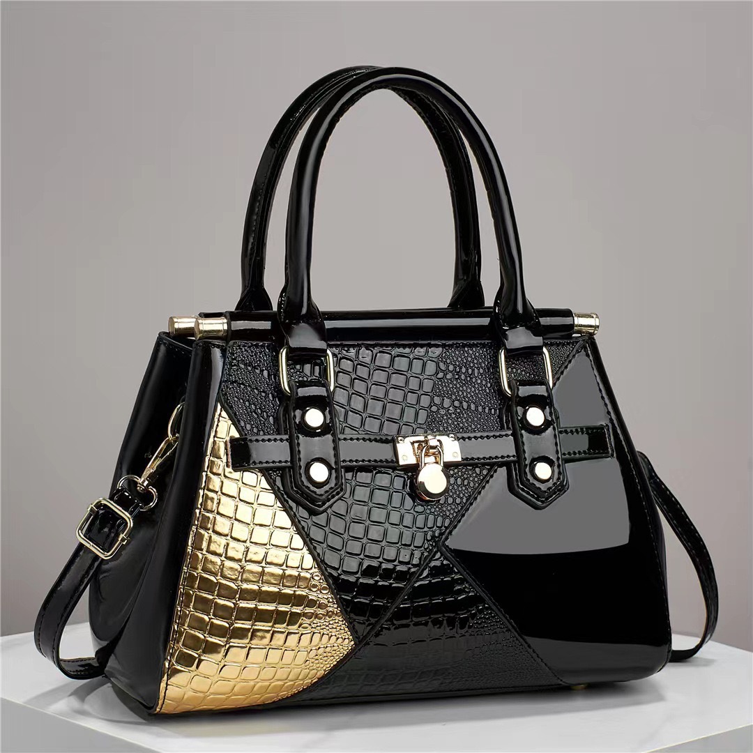 2023 new style spliced shiny leather large-capacity, stylish texture, lizard pattern single-shoulder diagonal cross quality women's bag, cross-border large bag Item Picture