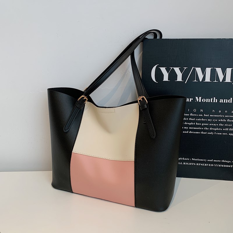 Patchwork color-blocking large-capacity tote bag for women, 2025 new summer retro large-capacity single-shoulder bag and underarm bag full figure