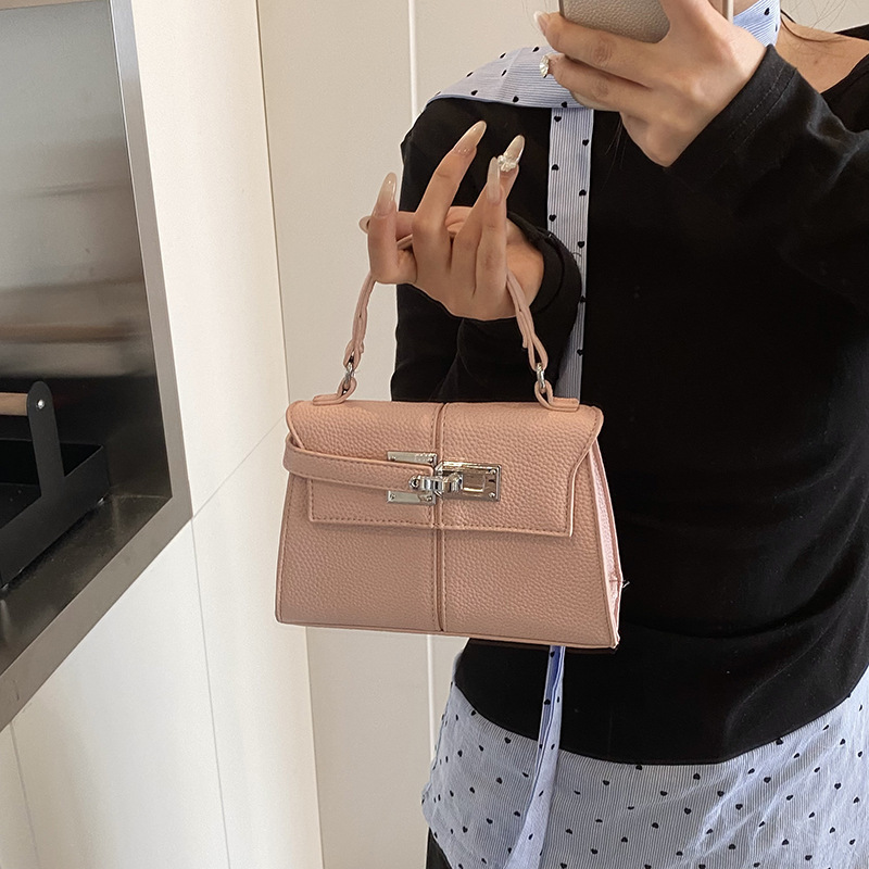 Cross-border retro lychee pattern hand-held small square bag 2025 new style simple and versatile shoulder bag patchwork stylish crossbody bag details Picture