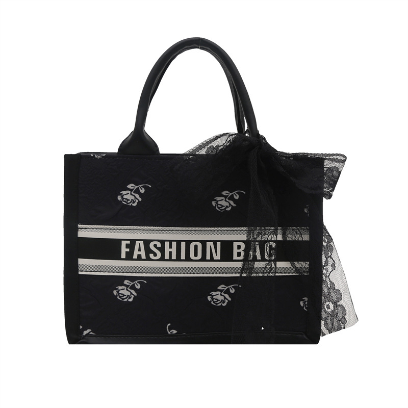 Large-capacity letter silk scarf single-shoulder bag 2025 Spring New style casual and stylish silk scarf bow hand-held tote bag Item Picture
