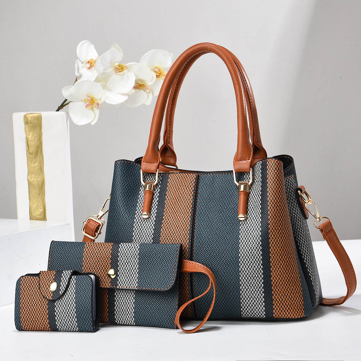 New foreign trade fabric mother-and-child bag 2024 fashion color-blocking three-piece set large capacity single-shoulder crossbody handbag Specification drawing