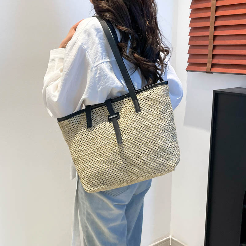 Korean version straw woven large-capacity mother-and-child bag 2025 summer new niche woven bag, stylish vacation single-shoulder tote bag Specification drawing