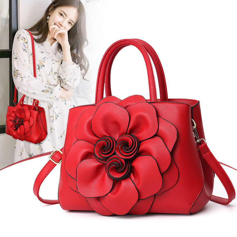 Mom's solid color new school-style women's bag, PU leather flower hand-held shoulder bag, cute bag, one piece consignment details Picture