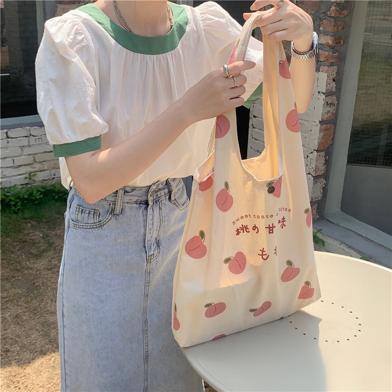 【 In Stock 】1552 canvas bag for Girls, a fresh and cute peach-printed single-shoulder bag, a Japanese college student schoolbag Specification drawing