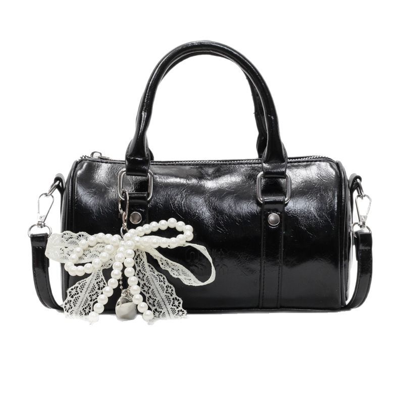 2025 New style fashionable and elegant, versatile hand-held cylindrical bag, women's oil wax leather commuting crossbody bag, solid color crossbody bag Item Picture