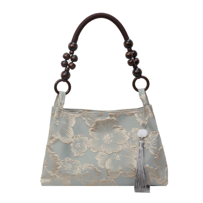 New Chinese-style niche velvet embossed dark pattern versatile underarm bag with a high-end, retro and stylish wooden bead single-shoulder handbag Item Picture