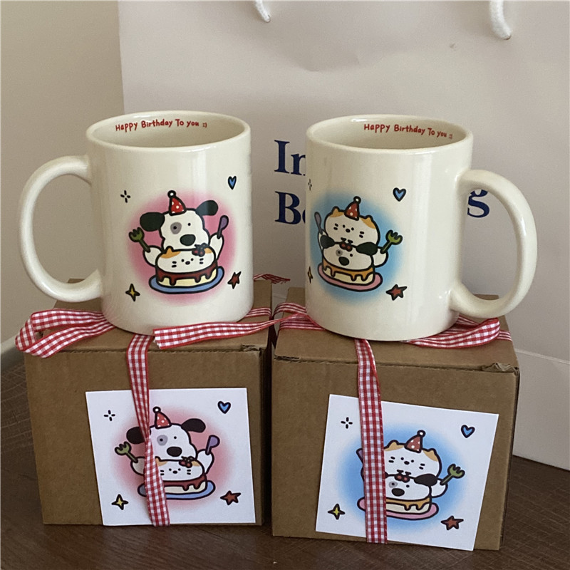 Happy birthday! Little dog, cat, ceramic cup, cream mug, water cup, home coffee cup, breakfast cup, couple gifts full figure