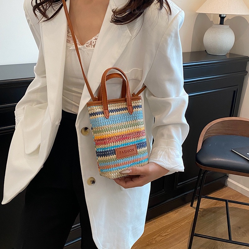 Factory wholesale hand-held color-blocking woven small bags for women, 2025 new style, trendy and versatile, single-shoulder crossbody mobile phone bags Specification drawing