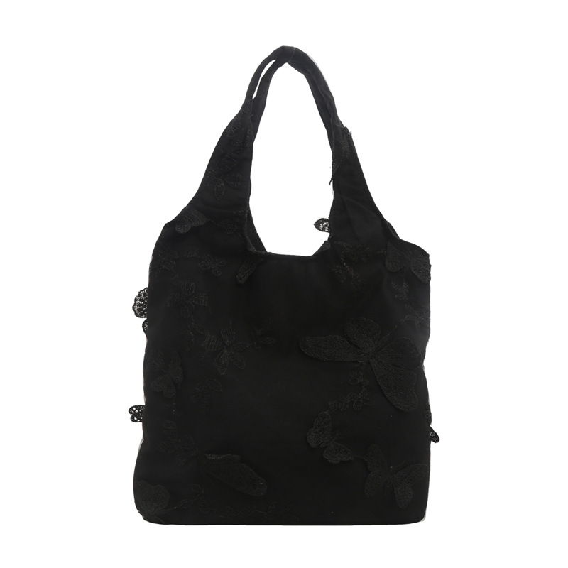 Embroidered butterfly lace fairy bag, ins travel women's bag, canvas bag, artistic, large capacity, versatile, single-shoulder bucket bag Item Picture