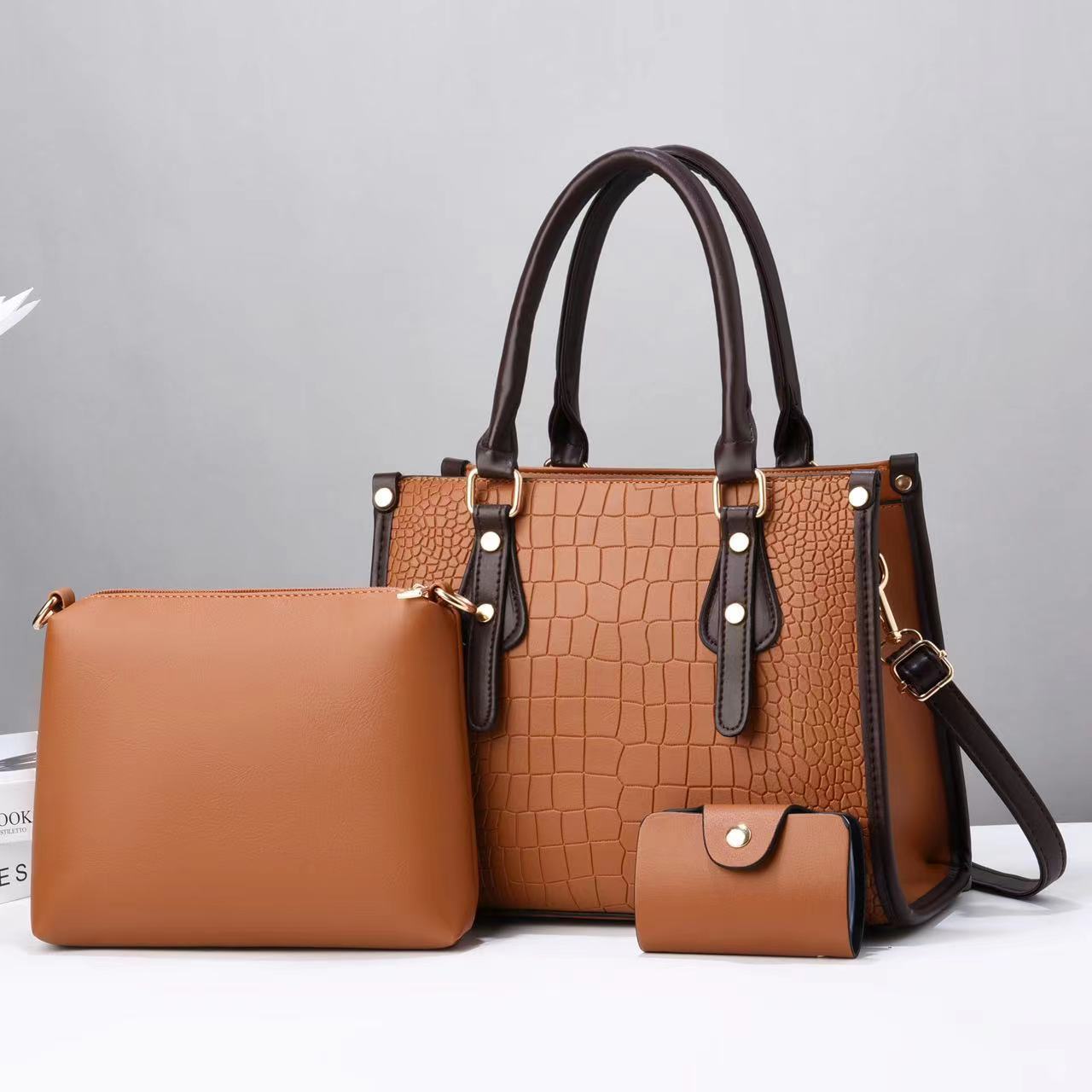 Three-piece set of women's buns and mother bags 2023 new style contrasting color stone pattern three-mouth bag, cross-border single-shoulder crossbody, stylish and elegant texture Specification drawing