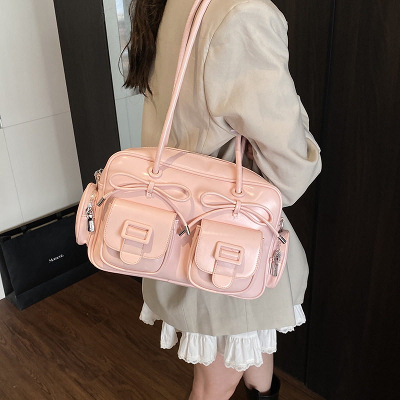 Korean version bow underarm bag for women 2025 new style stylish commuting single-shoulder bag, niche design double-pocket pillow bag details Picture