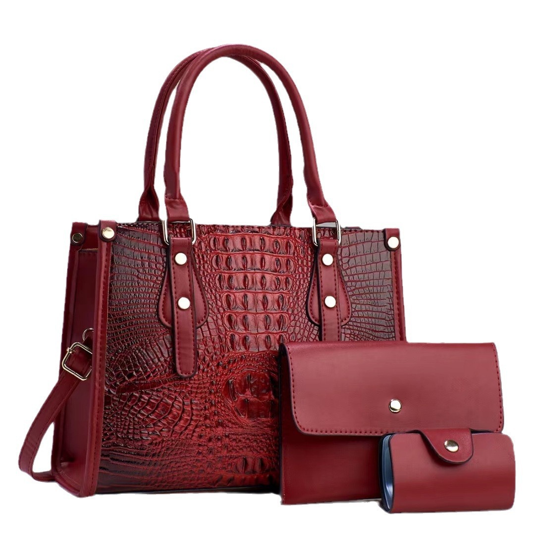 New crocodile pattern contrasting color simple texture three-piece set, large-capacity cross-border single-shoulder crossbody high-quality women's bag large bag Item Picture
