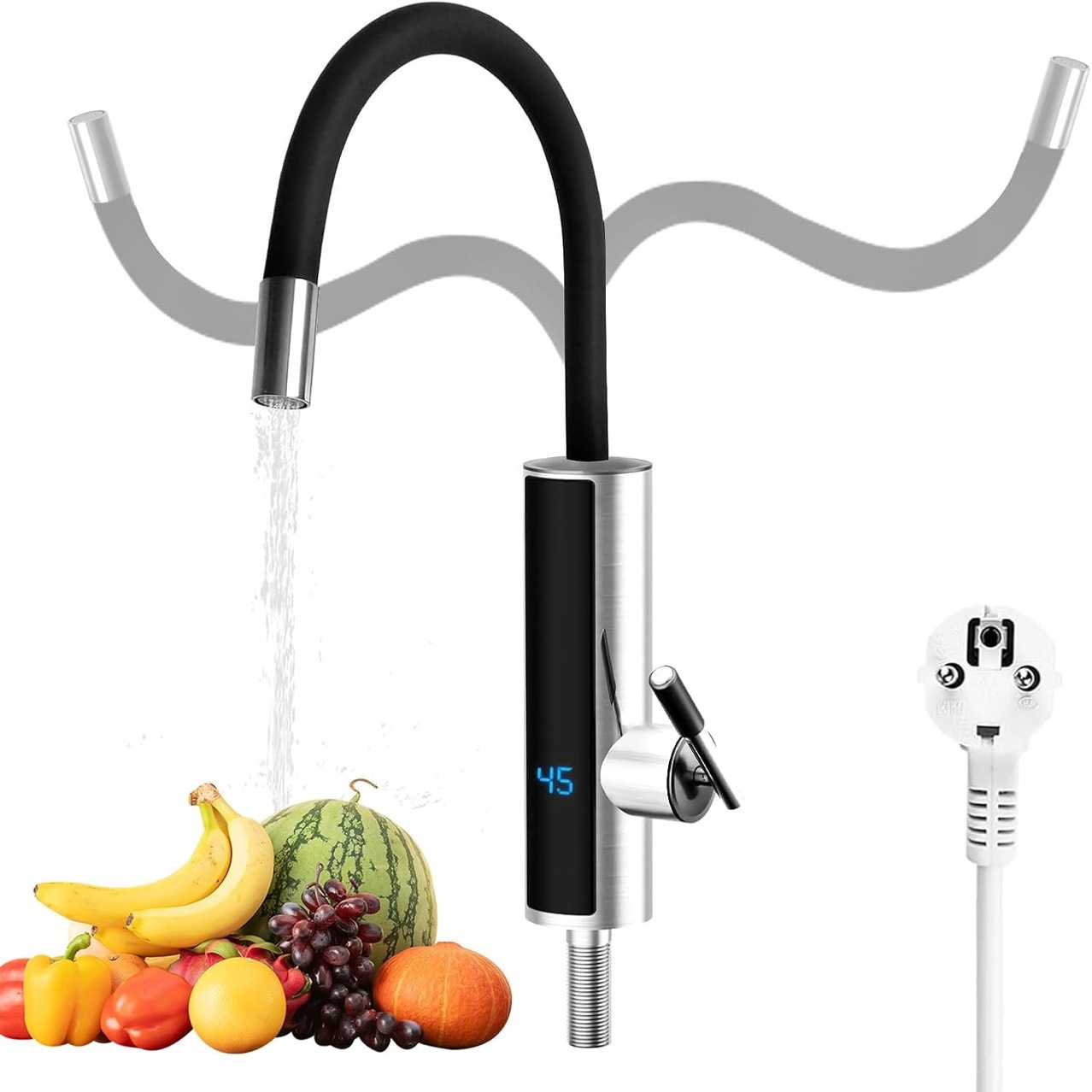 【 New Model Launched in 2025 】S5 stainless steel electric heating instant hot water faucet with black silicone universal joints full figure