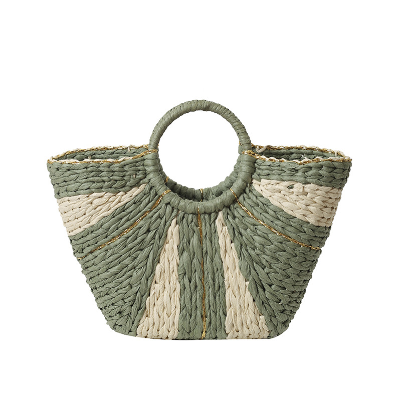 Large-capacity hand-held straw woven bag, new wide striped hand-held woven bag, vacation beach bag, color-blocking and versatile tote bag Item Picture
