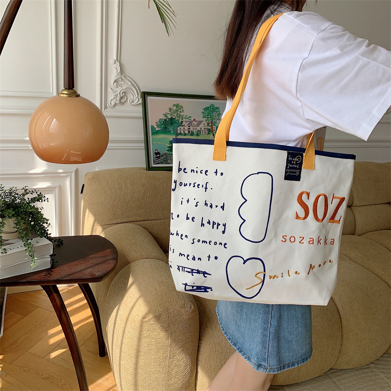 3612 New contrasting color woven strap canvas bag, ins embroidery single-shoulder bag, large-capacity female student tote bag details Picture