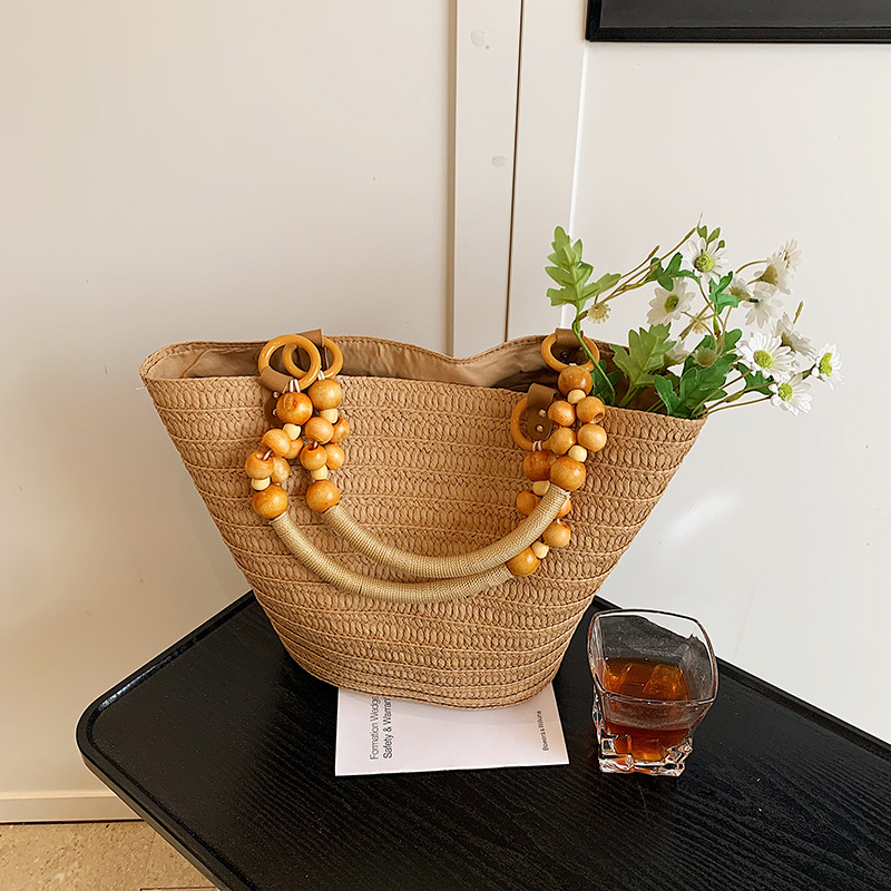A niche design straw-woven bag for women, a new fashion hand-held shoulder bag for 2025, a large-capacity vacation beach bucket bag Specification drawing