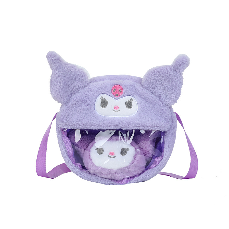 New Cartoon Kuromi transparent bag, fashionable Melody plush doll, single-shoulder crossbody cinnamon dog plush bag Item Picture