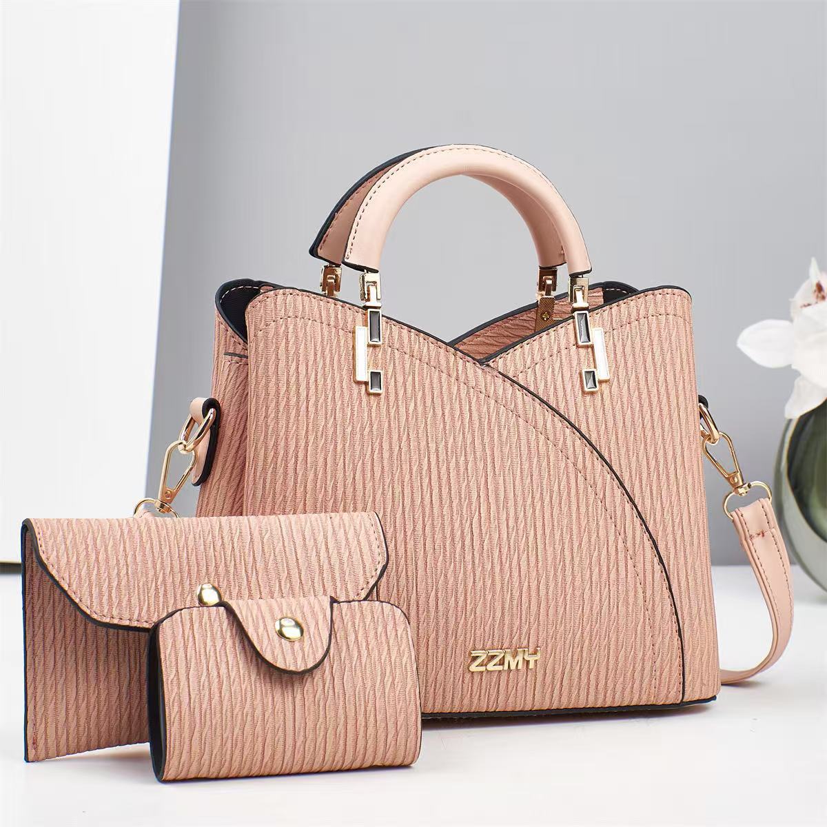 New trendy women's handbag three-piece set, women's striped versatile multi-layer large-capacity fashionable single-shoulder crossbody bag Item Picture