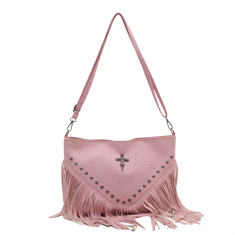 Large-capacity women's 2025 summer new style fashionable retro single-shoulder crossbody bag, high-end quality rivet tassel bag Item Picture