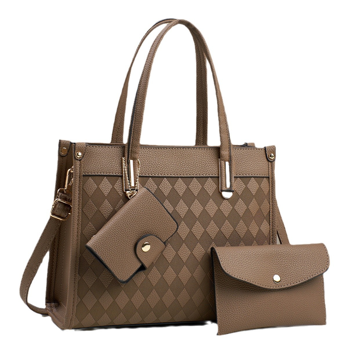 The 2024 new style of the foreign trade three-piece set bag features a high-quality diamond-shaped embossed large-capacity mom's trendy bag and a stylish tote mother-and-child bag Item Picture
