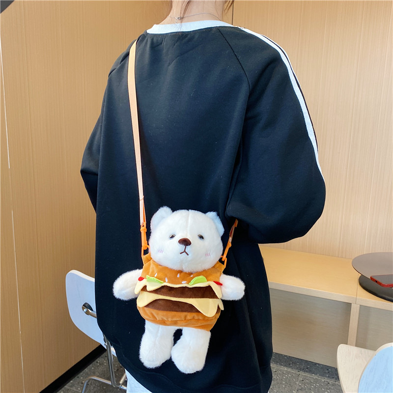 New cartoon creative detachable Hamburger bear crossbody bag, plush doll crossbody bag, versatile accessories, loose change bag Specification drawing