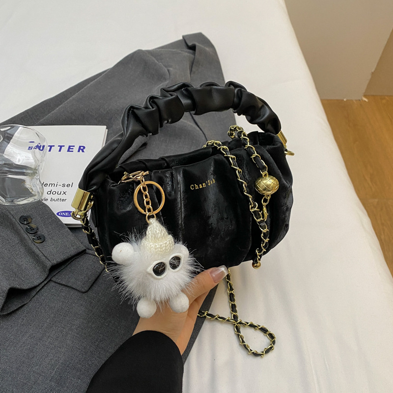 New women's 2024 fashion trend crossbody bag, versatile casual chain shoulder bag, solid color hand-held pleated bag Specification drawing