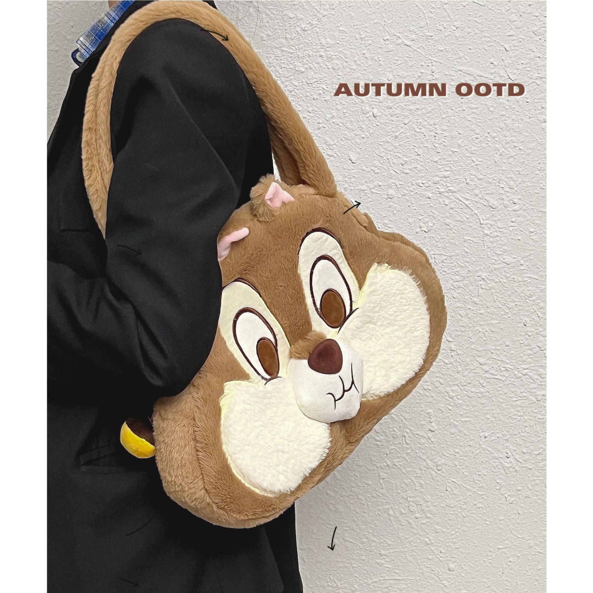The gluttonous chipmunk Qiqi single-shoulder handbag, a large-capacity cartoon tote bag for autumn and winter, a casual and cute underarm bag Specification drawing
