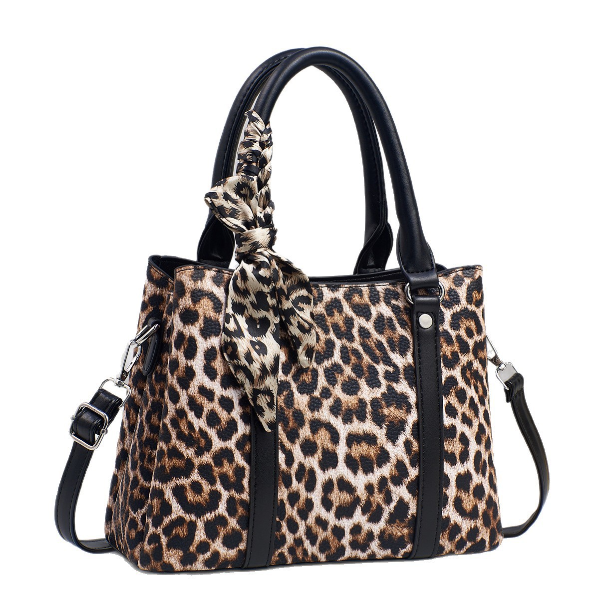 New foreign trade light luxury leopard print patchwork texture, stylish and high appearance level silk scarf, versatile for commuting, crossbody and trendy bag delivery Item Picture