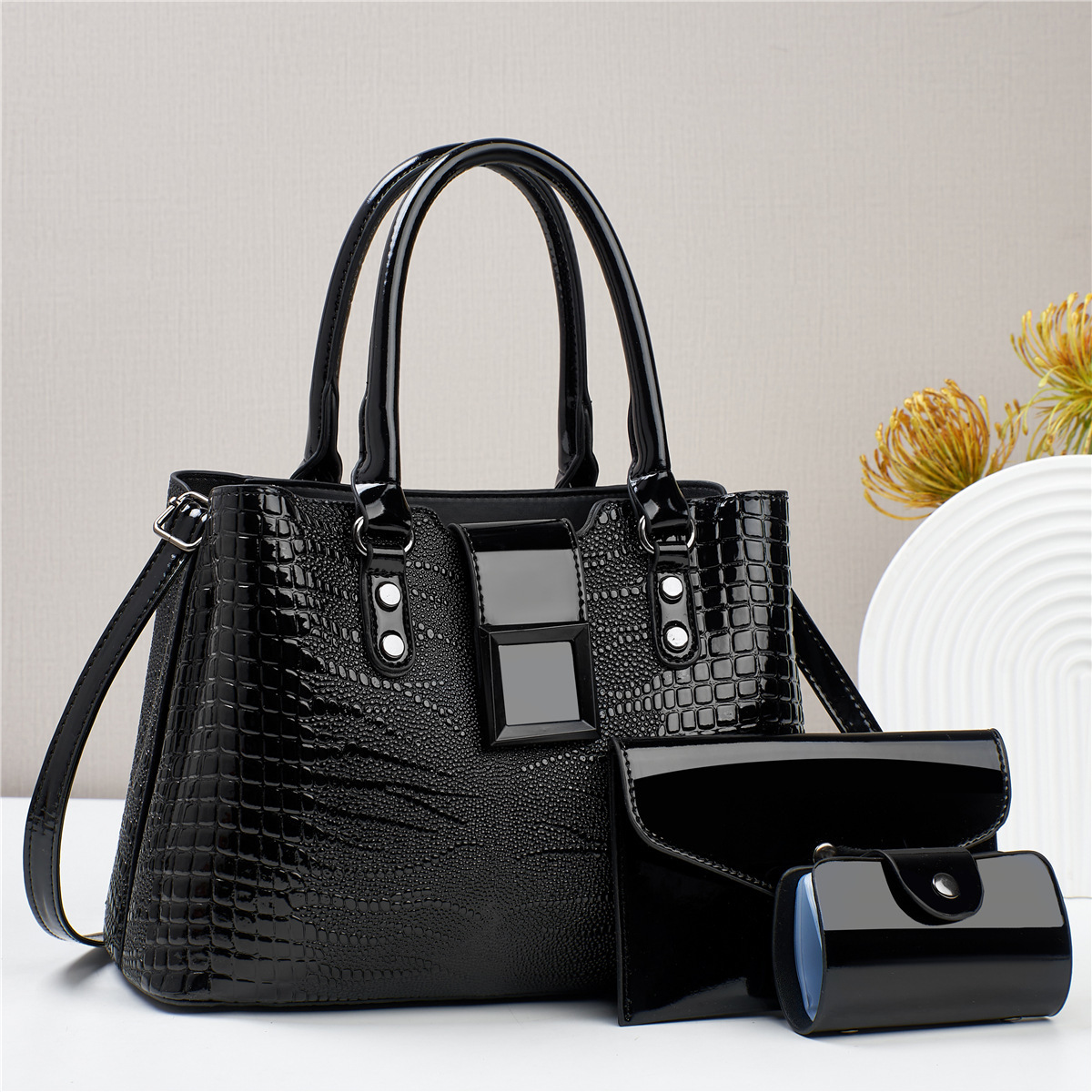 2023 New European and American three-piece set mother-and-child bag with shiny leather and lizard pattern, trendy large-capacity single-shoulder crossbody handbag full figure
