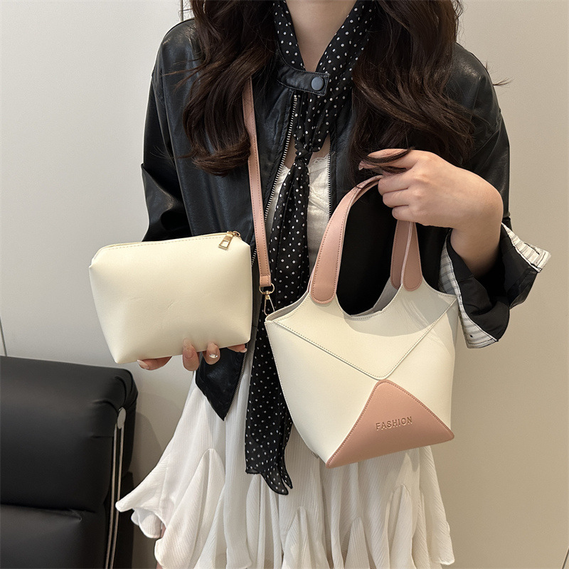 Fashionable and casual vegetable basket bag, women's color-blocking spliced mother-and-child bucket bag, commuting single-shoulder crossbody bag details Picture