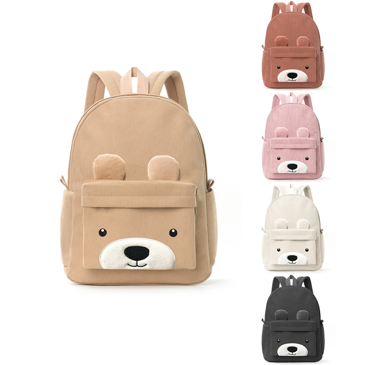 Feihong Cross-border Corduroy Children's Backpack, Primary School students' Schoolbag, Fashionable and Casual Bear Backpack, Large capacity Backpack full figure