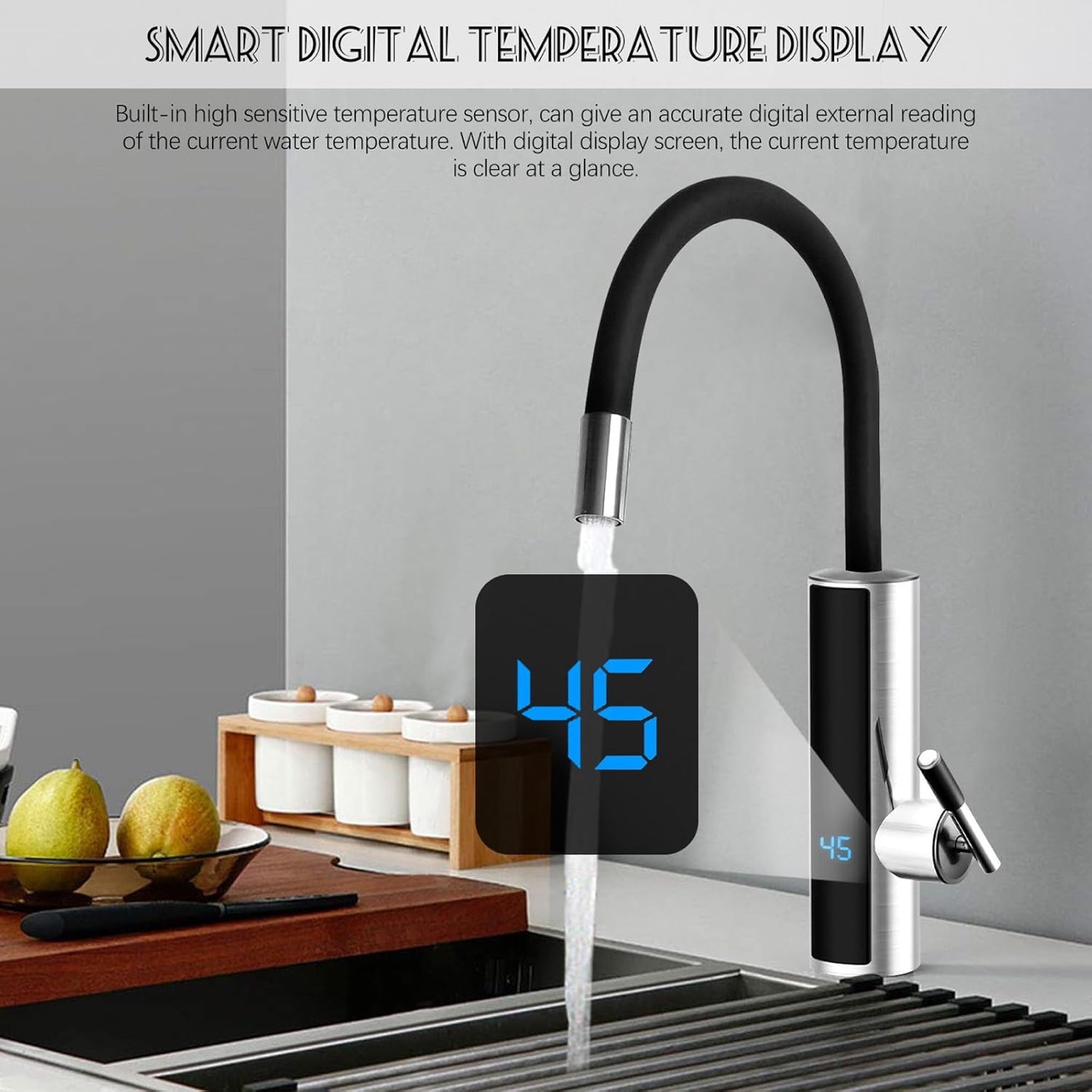 【 New Model Launched in 2025 】S5 stainless steel electric heating instant hot water faucet with black silicone universal joints Specification drawing