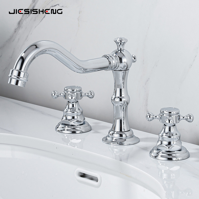 Cross-border French retro brass washbasin faucet three-piece set, double-handle split three-hole cold and hot splash-proof faucet Application Scenario