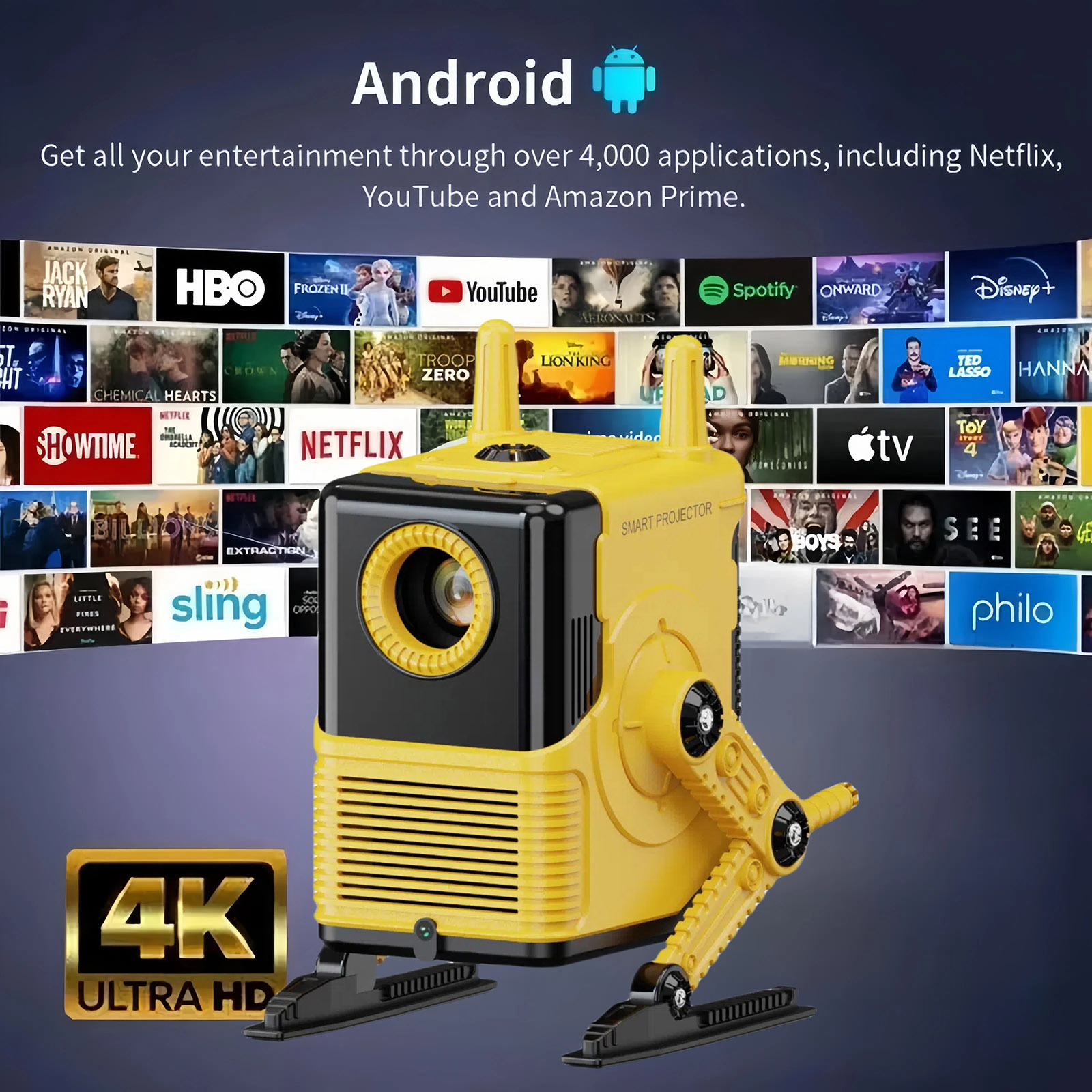 The robot H8 projector, an integrated pan-tilt projector, can project onto walls, ceilings and mobile phones on the same screen Application Scenario