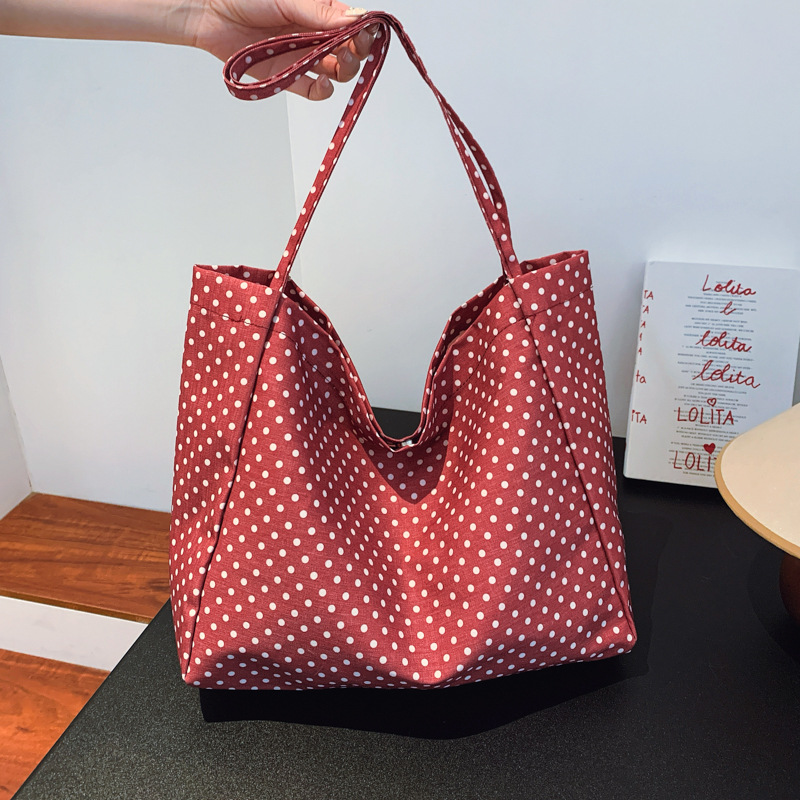 Korean-style Instagram retro polka dot canvas bag, single-shoulder tote bag, large-capacity handbag for girls and students attending classes full figure