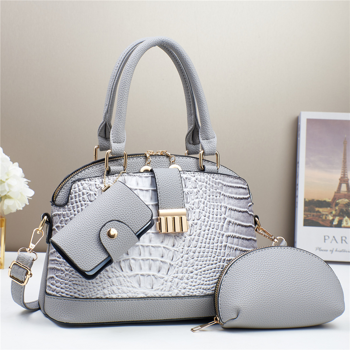 Embossed large-capacity crocodile pattern fashionable and versatile women's bag, simple and trendy single-shoulder hand-carry mother and child bag, shell bag Specification drawing