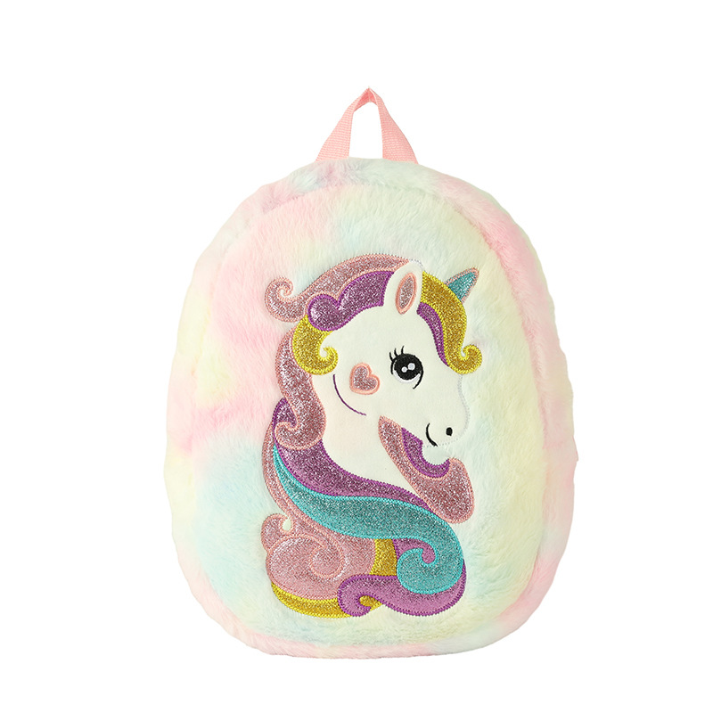 Cartoon unicorn fleece backpack, a cute and large-capacity backpack for children's kindergarten classes, a travel backpack for outings Item Picture