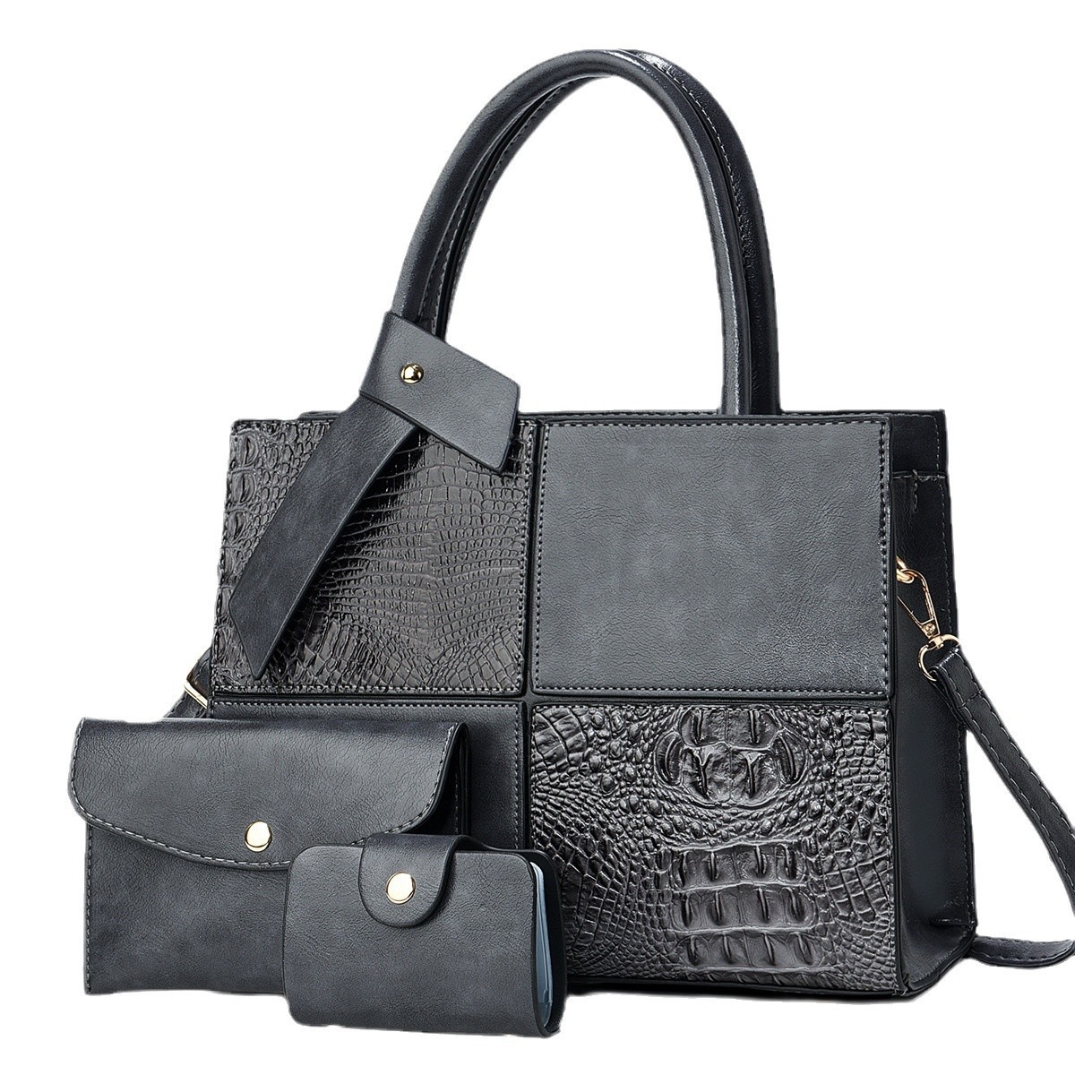 Cross-border versatile single-shoulder bag, large-capacity lightweight crossbody bag, new patchwork crocodile pattern fashionable three-piece handbag set Item Picture