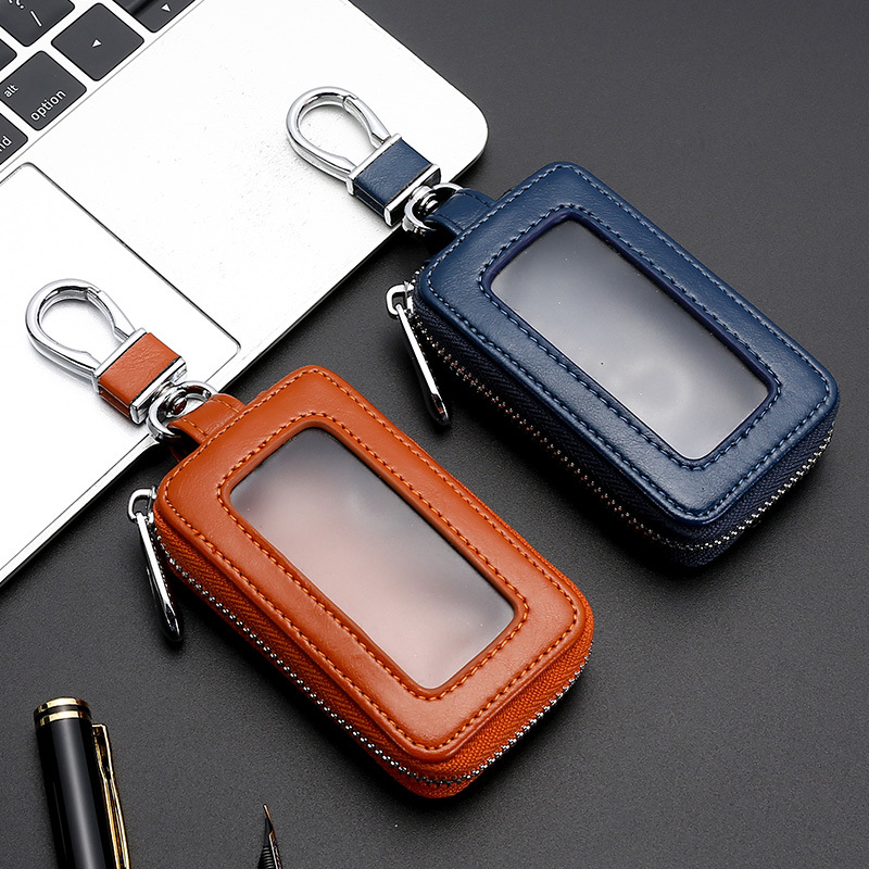 New genuine leather couple key case, large-capacity mirror window, women's car remote control, zipper key case, exquisite and retro Specification drawing