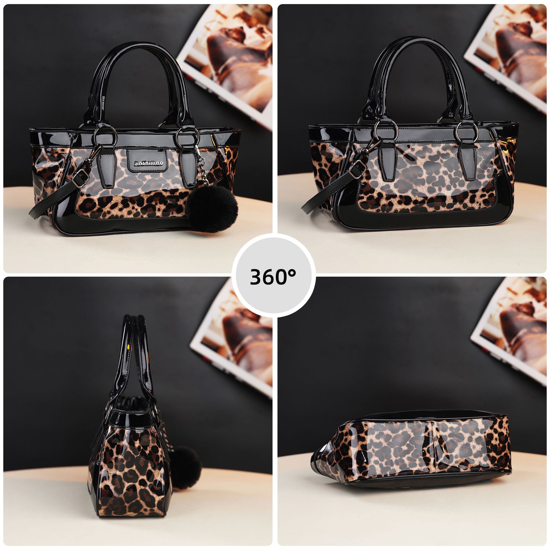A new cross-border best-selling retro patent leather tote bag with large capacity, personalized and fashionable leopard print single-shoulder crossbody Specification drawing