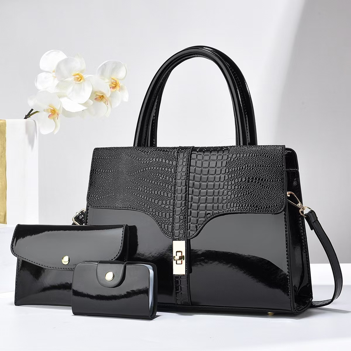 Fashionable three-piece set, large-capacity women's handbag, high-end and simple crocodile pattern, single-shoulder crossbody, trendy cross-border consignment Item Picture