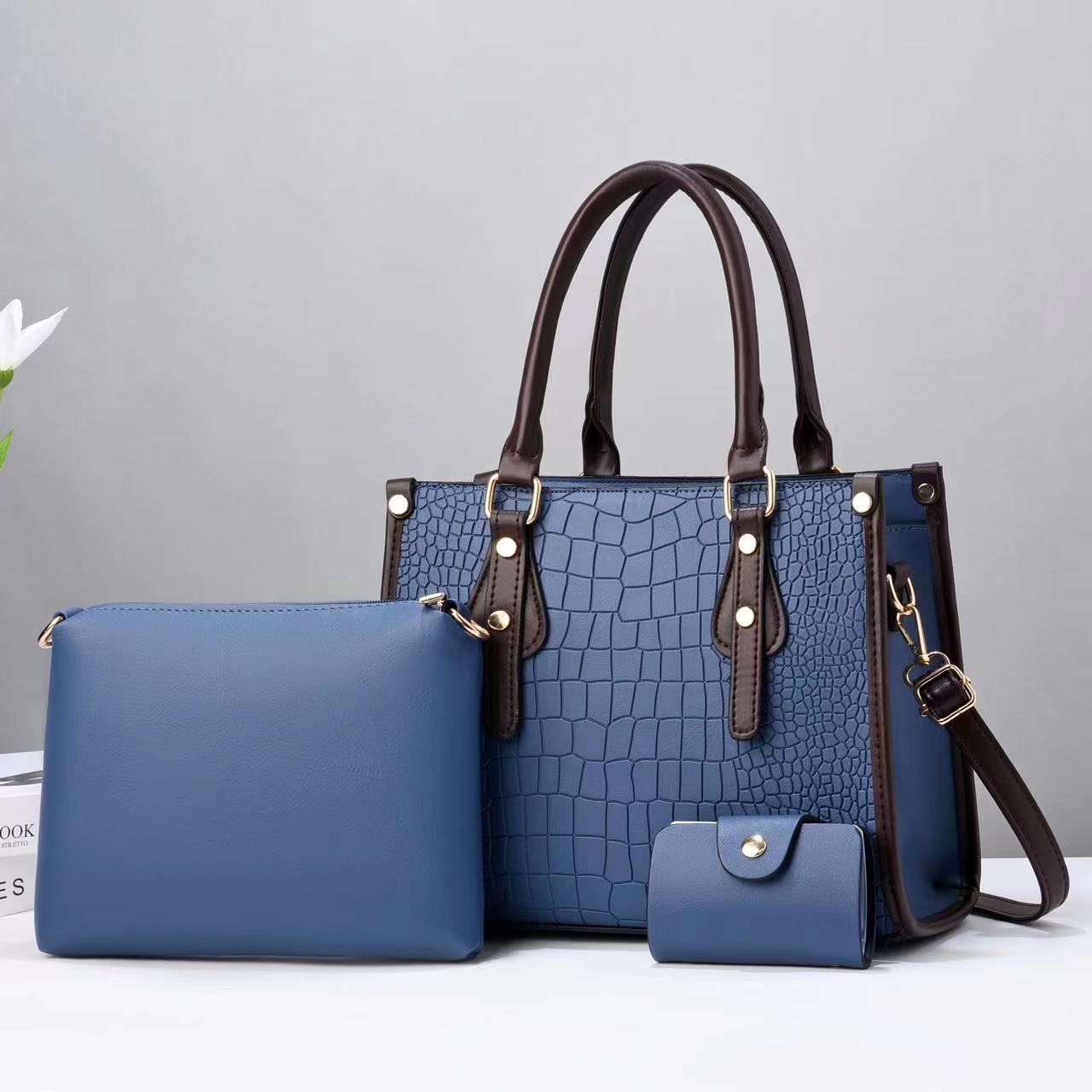 Three-piece set of women's buns and mother bags 2023 new style contrasting color stone pattern three-mouth bag, cross-border single-shoulder crossbody, stylish and elegant texture details Picture
