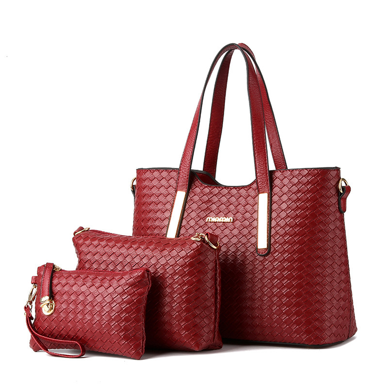 Cross-border trade bags 2022 European and American women's bags, PU leather woven mother and child bag three-piece set, single-shoulder crossbody handbag details Picture