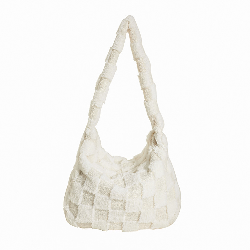 Color-blocking checkered trendy and individualistic women's bag 2023, large capacity, laid-back and casual, underarm crossbody single-shoulder plush tote bag Item Picture