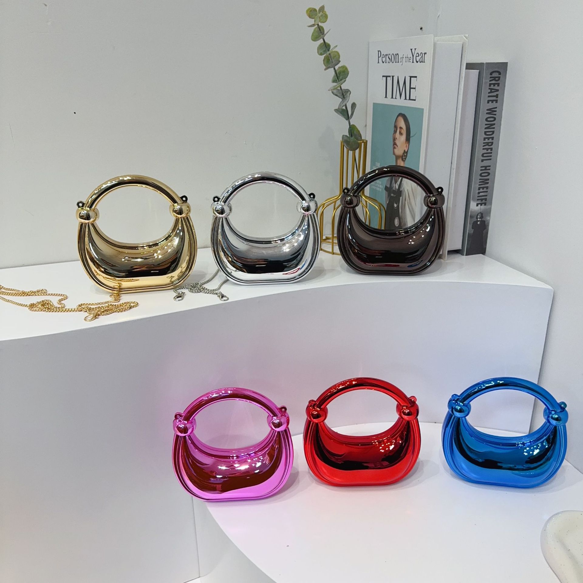 2025 New cross-border fashion mini bag, crescent moon acrylic bag, double knot bag, lipstick, loose change, children's crossbody bag details Picture